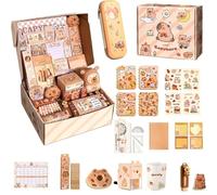 Capybara-Stationery-Set,Juego de Papelería de Capibara, Estuche para lápices Carpincho con lápices y Pegatinas, Reglas, Caja de Regalo Encantadora para niños, Adecuada para Inicio Escolar (A)