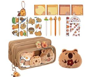 Capybara Stationery Set - Lindo organizador de casos de lápiz de animales, kit de suministro escolar de múltiples elementos con calcomanías de gobernantes de bloc de notas para escribir diversión | Au