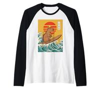 Capybara Surfing Japonés Gran Ola Kanagawa Ukiyo-e Camiseta Manga Raglan