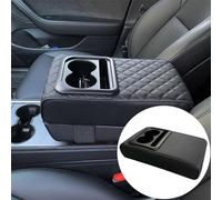 Car Armrest Cover Cushion, Auto Center Console Box Cover with Cup Holder, Universal Leather Waterproof Arm Rest Cover, for Most Cars, SUVs - Black (No Embroidery)