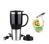 Car Electric Heating Mug/Calentador Eléctrico para Coche/Taza de Acero Inoxidable- Mengshen 12V Travel Cup Portable Outdoor Students Hot Water Double Layer 12 Volt 450ML 50W, CA107 Black