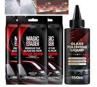 Car Glass Film Magic Cleaning Sponge, Non-Scratch Windshield Oil Film Remover Brush, Car Windshield Cleaner Tool, Anti-Rain Fog For Clear Vision Driving (3*Sponge+1*Glass Polishing Liquid, Size)