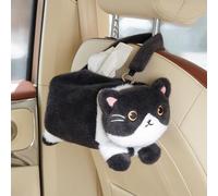 Car Plush Cat Tissue Box Holder,Hanging Soft Cute Animal Tissue Paper Storage Box,Organizer for Auto Car Headrest,Home Office Desk Decor (Black)