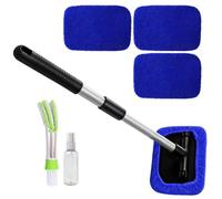 Car Windshield Cleaning Tool Kit, Extendable Rotating Glass Cleaner | 180 Degree Rotating Head, Extendable Handle, 4 Washable Microfiber Pads, Includes Spray Bottle And Detail Brush, For