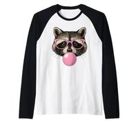 Cara de Mapache Comiendo Chicle y Hace una Burbuja Rosa Lindo Mapache Camiseta Manga Raglan
