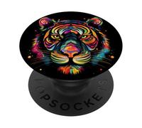 Cara de Tigre Colorida, Arte de Animales Salvajes, Gatos Grandes, Negro PopSockets PopGrip Adhesivo