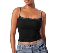 Caraco - Camiseta de tirantes para mujer, de encaje, top chic, elegante, elegante, ligero, camiseta fina, sin tirantes finos y cómoda, sin tirantes finos, Negro , L