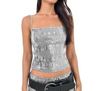 Caraco - Camiseta de tirantes para mujer, elegante y elegante, sin tirantes Top0Haut6, nuevo sin tirantes halter de velada, top con lentejuelas, top de bralette sin tirantes para mujer, plateado, S