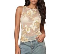 Caraco - Malla transparente bordada a mano para una mirada adelgaza y elegante sin mangas ligera y transpirable estupenda para superposiciones estivales camiseta para mujer Chic Rem M379, beige, L