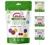 Caramelos Cerdán - Piruletas Organic Lollipops ecológicas Bio | Sabores cereza, frambuesa y limón | Sin gluten ni alérgenos, aptas para veganos | 14 uds | Ideales para fiestas y celebraciones