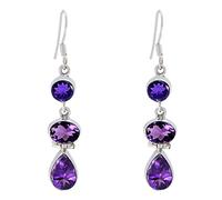 CaratYogi Piedras preciosas naturales Pendientes colgantes de amatista Plata de ley 925 Pendiente de anzuelo para mujeres y niñas Bisel de joyería de piedra natal