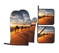 Caravan of Camels - Juego de guantes de horno impresos de 4 piezas para horno y alfombrilla resistente al calor, adecuado para asar en la cocina