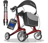 Carbon rollator plegable ligero con asiento, rollator de viaje ultraligero 5,1 kg, ayuda para caminar para personas mayores ajustable en altura 9 posiciones, andador plegable, con bolsa
