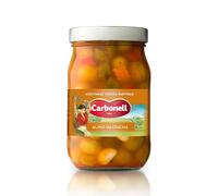 Carbonell - Aceitunas Verdes Partidas con Hueso, Estilo Gazpacha, Variedad Manzanilla, con Vegetales, Aliño de Ajo y Vinagre, con Guindilla y Pimentón Rojo, para un Toque Picante - 450 g