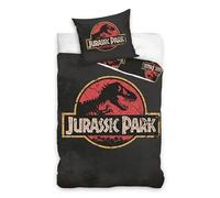 Carbotex Jurassic Park Classic Logo T-Rex Dinosaurio - Juego de Cama Individual con Funda nórdica y Funda de Almohada de tamaño Europeo - Juego de Cama Reversible 100% algodón para niños, Color Negro