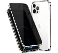 Carcasa Anti-pío para iPhone 12 / iPhone 12 Pro Funda Antiespía Adsorción Magnética 360 Grados Anti-Spy Protección Privacidad Vidrio Templado Frontal y Posterior Anti Peep Case Marco Metal Cover,Plata