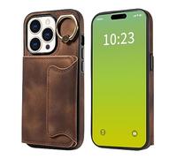 Carcasa de telefono Funda protectora de cuero compatible con iPhone 15 Pro de 6.1 pulgadas, con tarjetero, anillo giratorio de 360°, soporte de cuero sintético, doble cierre magnético, a prueba de gol