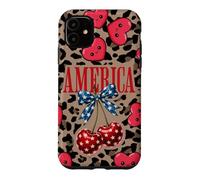 Carcasa para iPhone 11 Brown Cheetah America Girls con Estampado de Leopardo, Cereza y Lazo