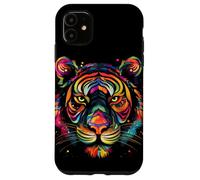 Carcasa para iPhone 11 Cara de Tigre Colorida, Arte de Animales Salvajes, Gatos Grandes, Negro