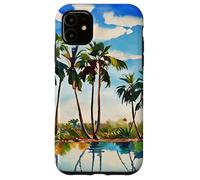 Carcasa para iPhone 11 Caribe Tropical Island Palmeras Acuarela Playa Arte v1
