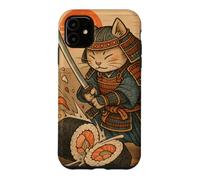 Carcasa para iPhone 11 Divertido Sushi Samurai Cat Dojo Puesta de Sol Ukiyo-e Manga Kanji Art