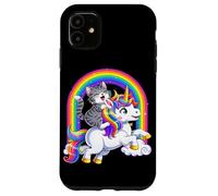 Carcasa para iPhone 11 Gato Montando Unicornio Arco Iris Fantasía Lindo