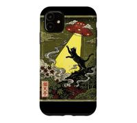 Carcasa para iPhone 11 Gato Negro UkiyoE Abducción UFO Arte Único