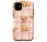 Carcasa para iPhone 11 Golden Retriever Puppy Lazo Rosa Gingham Sweet Dog Design