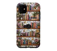 Carcasa para iPhone 11 Literary Cat Book Lover Floral Estantería Vitral