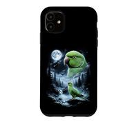 Carcasa para iPhone 11 Loro Indio Ringneck Aullando a la Luna 90's Retro Bird