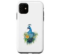 Carcasa para iPhone 11 Majestuoso pájaro Pavo Real con Vibrante Arte Floral en Acuarela