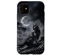 Carcasa para iPhone 11 Nekomata Yokai Gato Negro Luna Creciente Arte Sumi-e