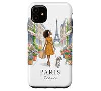 Carcasa para iPhone 11 París Francia Lindo Chic Negro Mujer Perro Flores Torre Eiffel