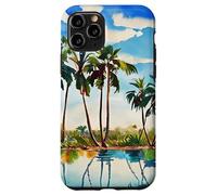 Carcasa para iPhone 11 Pro Caribe Tropical Island Palmeras Acuarela Playa Arte v1