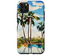 Carcasa para iPhone 11 Pro MAX Caribe Tropical Island Palmeras Acuarela Playa Arte v1