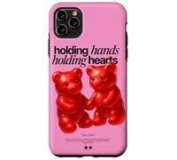 Carcasa para iPhone 11 Pro MAX Cogiendo la Mano sosteniendo Corazones - Diseño de Pareja de Oso de Goma Rojo