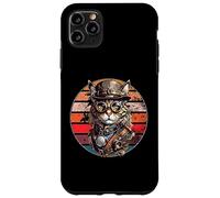 Carcasa para iPhone 11 Pro MAX Steampunk Cat Retro Sunset Gafas, Sombrero y Relojes