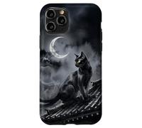 Carcasa para iPhone 11 Pro Nekomata Yokai Gato Negro Luna Creciente Arte Sumi-e