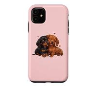 Carcasa para iPhone 11 Womens Girls Kids Two 2 Red Black Tan Dachshund Puppy Lover