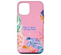 Carcasa para iPhone 12/12 Pro God Is Good Summer Ocean Preppy Pink Turtle & Coral