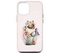 Carcasa para iPhone 12/12 Pro Happy Easter Cat Easter Tea Cup Coffee Cat Siamese Floral