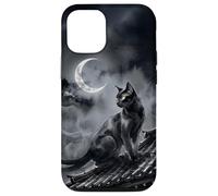 Carcasa para iPhone 12/12 Pro Nekomata Yokai Gato Negro Luna Creciente Arte Sumi-e
