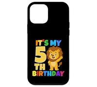 Carcasa para iPhone 12 Mini Fiesta temática de Safari de león de 5 años con Texto en inglés It's My 5th Birthday