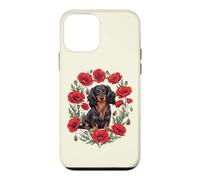 Carcasa para iPhone 12 Mini Girls Poppy Flowers Black Long Haired Dachshund Dog Lover