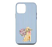 Carcasa para iPhone 12 Mini Lindo Cachorro Golden Retriever con Flores Rayas Azules Pastel
