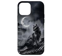Carcasa para iPhone 12 Mini Nekomata Yokai Gato Negro Luna Creciente Arte Sumi-e