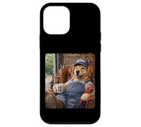 Carcasa para iPhone 12 Mini Perro Labrador Jubilado 2026 en Silla de Garaje Bebiendo café