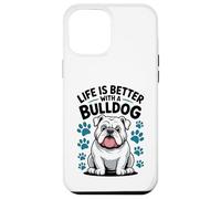 Carcasa para iPhone 12 Pro MAX La Vida es Mejor con un Bulldog, Perro matón Blanco