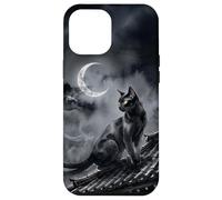 Carcasa para iPhone 12 Pro MAX Nekomata Yokai Gato Negro Luna Creciente Arte Sumi-e