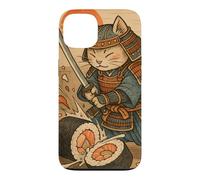 Carcasa para iPhone 13 Divertido Sushi Samurai Cat Dojo Puesta de Sol Ukiyo-e Manga Kanji Art